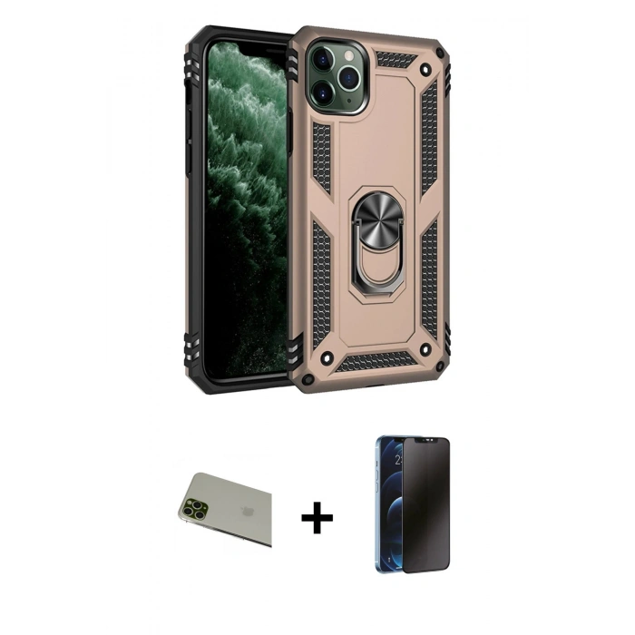 MARSİLYAN™- iPhone 11 Pro Max Kılıf Ahenk Klasik Koleksiyonu - Siyah 3D Antistatik Hayalet Cam Ekran Koruyucu + Rainbow Kamera Lens Koruma Cam - YL