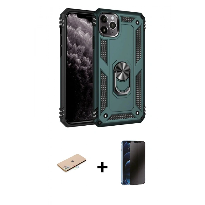MARSİLYAN™- iPhone 11 Pro Max Kılıf Ahenk Klasik Koleksiyonu - Siyah 3D Antistatik Hayalet Cam Ekran Koruyucu + Mavi Renkli Kamera Lens Koruma Cam