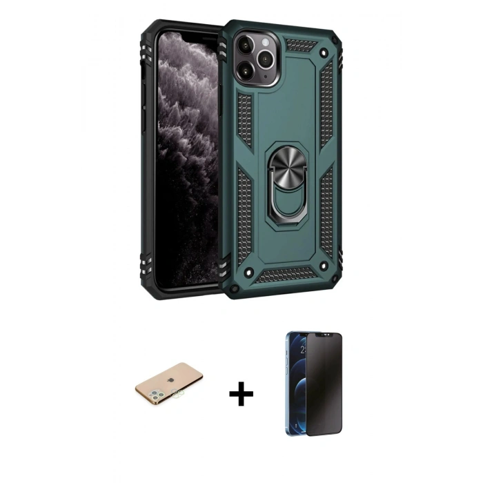 MARSİLYAN™- iPhone 11 Pro Max Kılıf Ahenk Klasik Koleksiyonu - Siyah 3D Antistatik Hayalet Cam Ekran Koruyucu + Renkli Kamera Lens Koruma Cam - YL