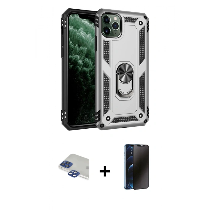 MARSİLYAN™- iPhone 11 Pro Max Kılıf Ahenk Klasik Koleksiyonu - Siyah 3D Antistatik Hayalet Cam Ekran Koruyucu + Pers Alüminyum Kamera Lens - LT