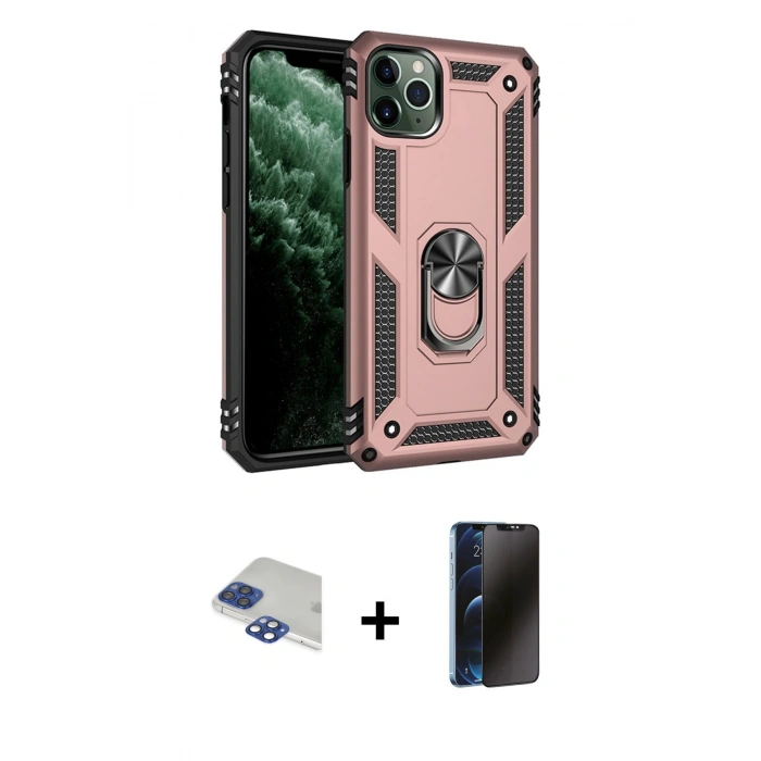 MARSİLYAN™- iPhone 11 Pro Max Kılıf Ahenk Klasik Koleksiyonu - Siyah 3D Antistatik Hayalet Cam Ekran Koruyucu + Pers Alüminyum Kamera Lens - LT