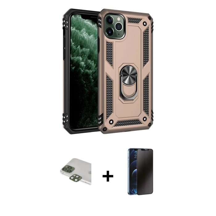 MARSİLYAN™- iPhone 11 Pro Max Kılıf Ahenk Klasik Koleksiyonu - Siyah 3D Antistatik Hayalet Cam Ekran Koruyucu + Pers Alüminyum Kamera Lens - YL