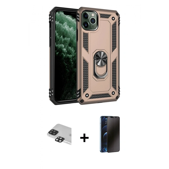 MARSİLYAN™- iPhone 11 Pro Max Kılıf Ahenk Klasik Koleksiyonu - Siyah 3D Antistatik Hayalet Cam Ekran Koruyucu + Pers Alüminyum Kamera Lens - SH