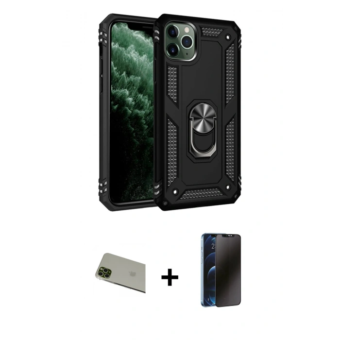 MARSİLYAN™- iPhone 11 Pro Max Kılıf Ahenk Klasik Koleksiyonu - Siyah 3D Antistatik Hayalet Cam Ekran Koruyucu + Rainbow Kamera Lens Koruma Cam - YL