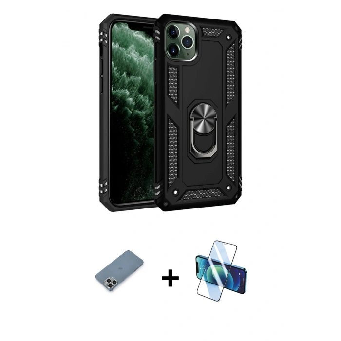 MARSİLYAN™- iPhone 11 Pro Max Kılıf Ahenk Klasik Koleksiyonu - Siyah 3D Antistatik Seramik Nano Ekran Koruyucu + Metal Kamera Lens Koruma Cam - GS