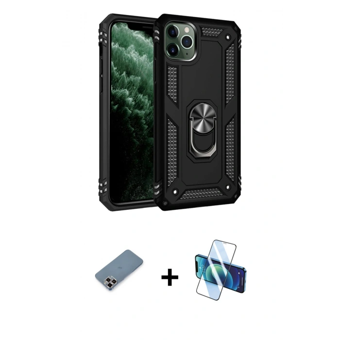 MARSİLYAN™- iPhone 11 Pro Max Kılıf Ahenk Klasik Koleksiyonu - Siyah 3D Antistatik Seramik Nano Ekran Koruyucu + Metal Kamera Lens Koruma Cam - MR