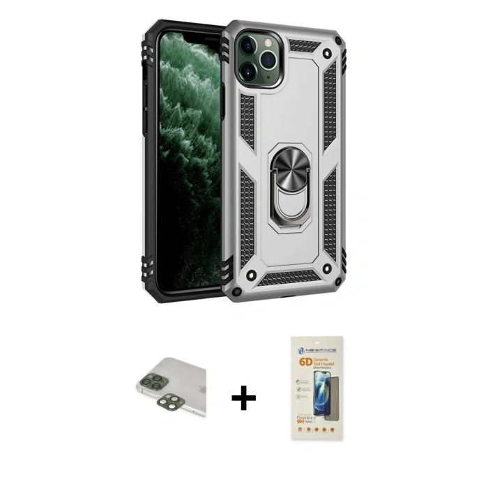 MARSİLYAN™- iPhone 11 Pro Max Kılıf Ahenk Klasik Koleksiyonu - Siyah 6D Mat Seramik Hayalet Nano Ekran Koruyucu + Pers Alüminyum Kamera Lens - YL