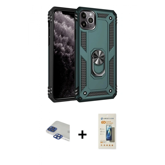 MARSİLYAN™- iPhone 11 Pro Max Kılıf Ahenk Klasik Koleksiyonu - Siyah 6D Mat Seramik Hayalet Nano Ekran Koruyucu + Pers Alüminyum Kamera Lens - LT