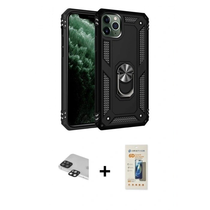 MARSİLYAN™- iPhone 11 Pro Max Kılıf Ahenk Klasik Koleksiyonu - Siyah 6D Mat Seramik Hayalet Nano Ekran Koruyucu + Siyah Pers Alüminyum Kamera Lens