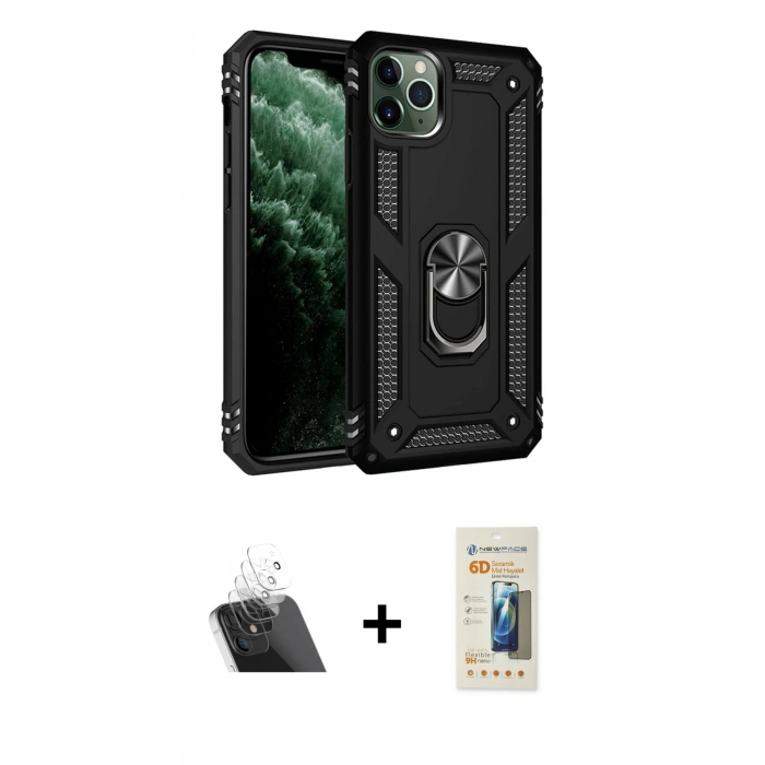MARSİLYAN™- iPhone 11 Pro Max Kılıf Ahenk Klasik Koleksiyonu - Siyah 6D Mat Seramik Hayalet Nano Ekran Koruyucu + Kamera Lens Koruma Cam - SF