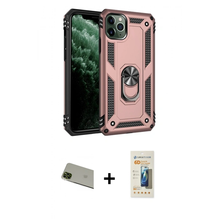 MARSİLYAN™- iPhone 11 Pro Max Kılıf Ahenk Klasik Koleksiyonu - Siyah 6D Mat Seramik Hayalet Nano Ekran Koruyucu + Rainbow Kamera Lens Koruma Cam - YL