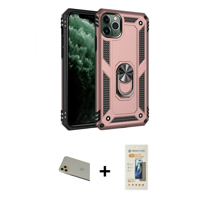 MARSİLYAN™- iPhone 11 Pro Max Kılıf Ahenk Klasik Koleksiyonu - Siyah 6D Mat Seramik Hayalet Nano Ekran Koruyucu + Rainbow Kamera Lens Koruma Cam - GD