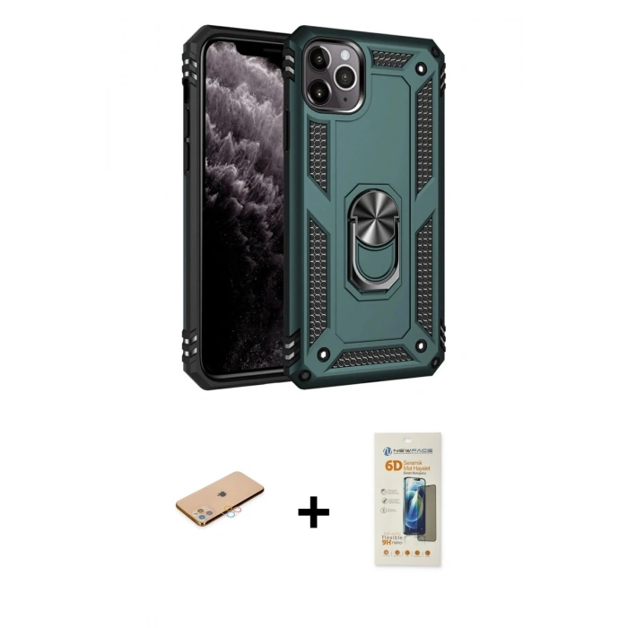 MARSİLYAN™- iPhone 11 Pro Max Kılıf Ahenk Klasik Koleksiyonu - Siyah 6D Mat Seramik Hayalet Nano Ekran Koruyucu + Renkli Kamera Lens Koruma Cam - PE