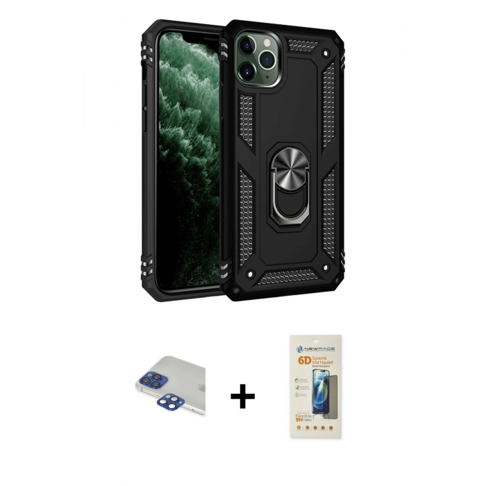 MARSİLYAN™- iPhone 11 Pro Max Kılıf Ahenk Klasik Koleksiyonu - Siyah 6D Mat Seramik Hayalet Nano Ekran Koruyucu + Pers Alüminyum Kamera Lens - LT