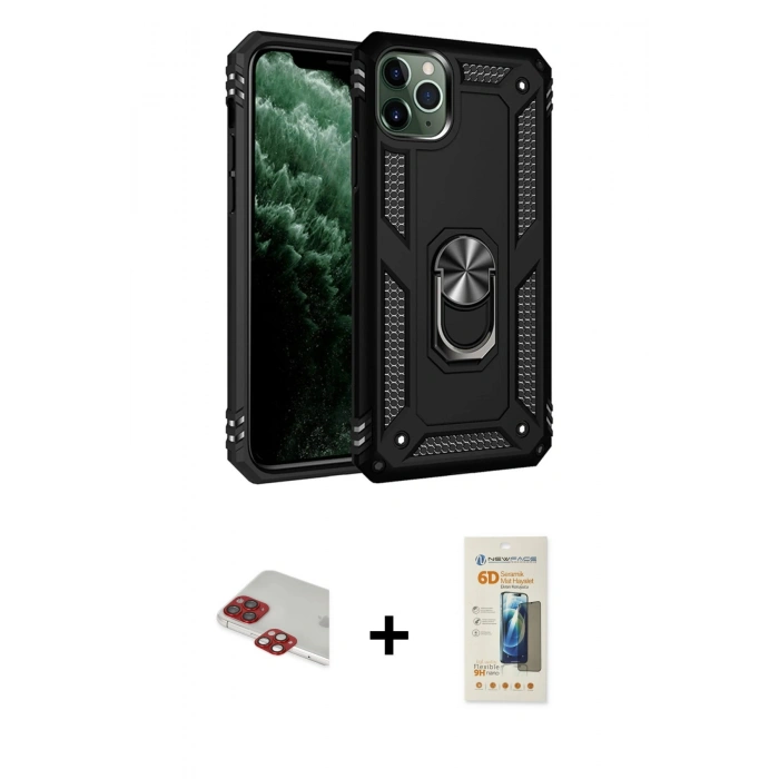 MARSİLYAN™- iPhone 11 Pro Max Kılıf Ahenk Klasik Koleksiyonu - Siyah 6D Mat Seramik Hayalet Nano Ekran Koruyucu + Kırmızı Pers Alüminyum Kamera Lens