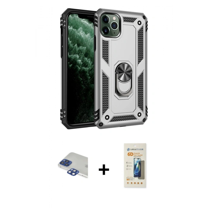 MARSİLYAN™- iPhone 11 Pro Max Kılıf Ahenk Klasik Koleksiyonu - Siyah 6D Mat Seramik Hayalet Nano Ekran Koruyucu + Pers Alüminyum Kamera Lens - LT