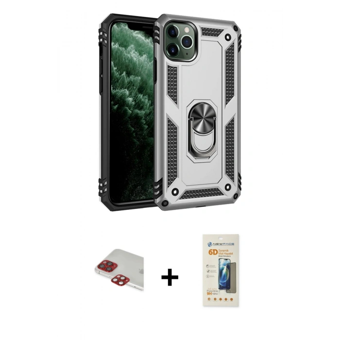 MARSİLYAN™- iPhone 11 Pro Max Kılıf Ahenk Klasik Koleksiyonu - Siyah 6D Mat Seramik Hayalet Nano Ekran Koruyucu + Kırmızı Pers Alüminyum Kamera Lens
