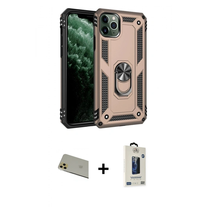 MARSİLYAN™- iPhone 11 Pro Max Kılıf Ahenk Klasik Koleksiyonu - Siyah Bilvis Hayalet Cam Ekran Koruyucu + Rainbow Kamera Lens Koruma Cam - GD