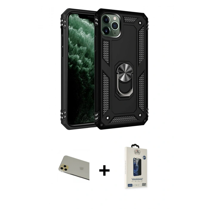 MARSİLYAN™- iPhone 11 Pro Max Kılıf Ahenk Klasik Koleksiyonu - Siyah Bilvis Hayalet Cam Ekran Koruyucu + Rainbow Kamera Lens Koruma Cam - GD