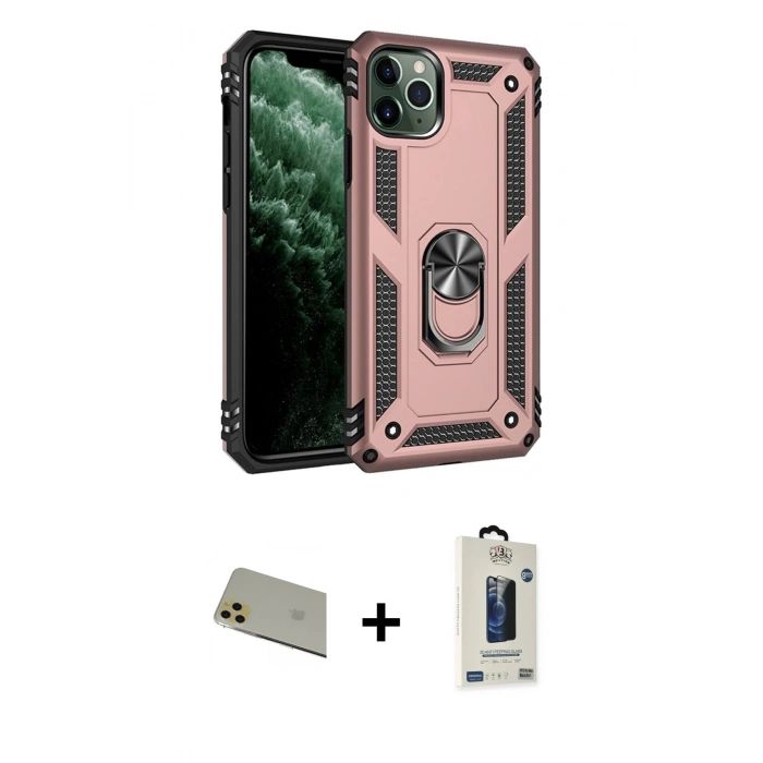 MARSİLYAN™- iPhone 11 Pro Max Kılıf Ahenk Klasik Koleksiyonu - Siyah Bilvis Hayalet Cam Ekran Koruyucu + Rainbow Kamera Lens Koruma Cam - GD