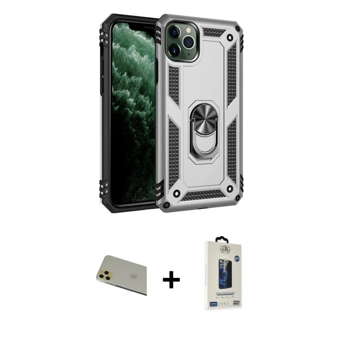 MARSİLYAN™- iPhone 11 Pro Max Kılıf Ahenk Klasik Koleksiyonu - Siyah Bilvis Hayalet Cam Ekran Koruyucu + Rainbow Kamera Lens Koruma Cam - GD