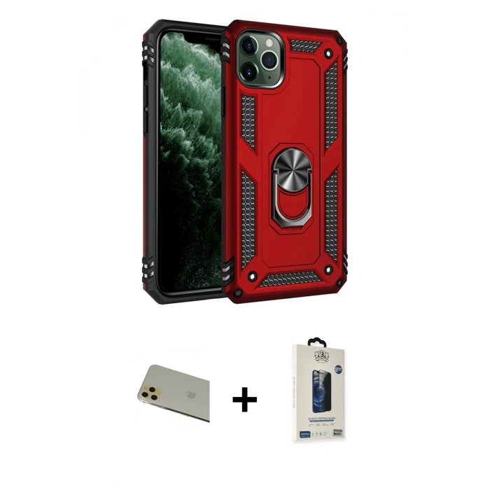 MARSİLYAN™- iPhone 11 Pro Max Kılıf Ahenk Klasik Koleksiyonu - Siyah Bilvis Hayalet Cam Ekran Koruyucu + Rainbow Kamera Lens Koruma Cam - GD