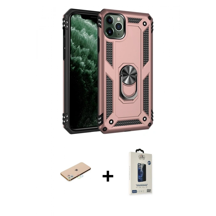 MARSİLYAN™- iPhone 11 Pro Max Kılıf Ahenk Klasik Koleksiyonu - Siyah Bilvis Hayalet Cam Ekran Koruyucu + Renkli Kamera Lens Koruma Cam - MI