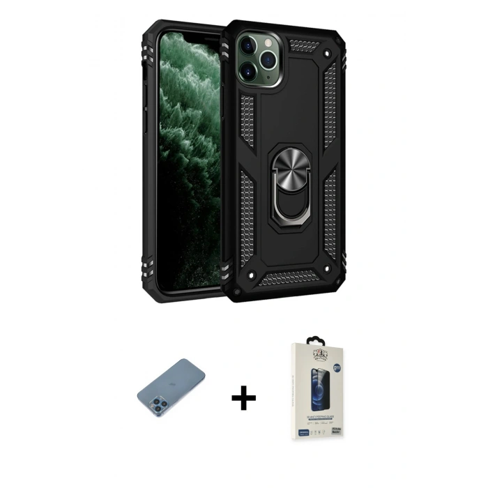 MARSİLYAN™- iPhone 11 Pro Max Kılıf Ahenk Klasik Koleksiyonu - Siyah Bilvis Hayalet Cam Ekran Koruyucu + Shine Kamera Lens Koruma Cam - MI