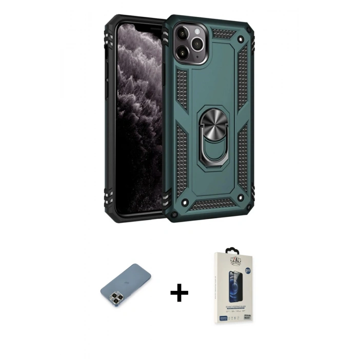 MARSİLYAN™- iPhone 11 Pro Max Kılıf Ahenk Klasik Koleksiyonu - Siyah Bilvis Hayalet Cam Ekran Koruyucu + Metal Kamera Lens Koruma Cam - GD