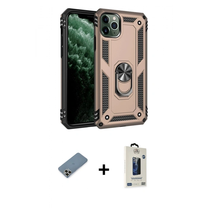 MARSİLYAN™- iPhone 11 Pro Max Kılıf Ahenk Klasik Koleksiyonu - Siyah Bilvis Hayalet Cam Ekran Koruyucu + Metal Kamera Lens Koruma Cam - GD