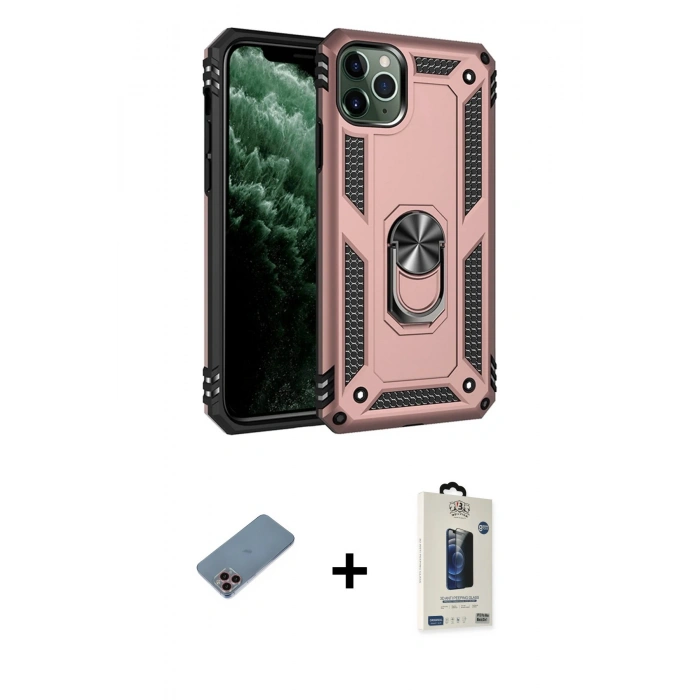 MARSİLYAN™- iPhone 11 Pro Max Kılıf Ahenk Klasik Koleksiyonu - Siyah Bilvis Hayalet Cam Ekran Koruyucu + Pembe Shine Kamera Lens Koruma Cam