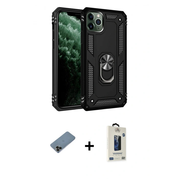 MARSİLYAN™- iPhone 11 Pro Max Kılıf Ahenk Klasik Koleksiyonu - Siyah Bilvis Hayalet Cam Ekran Koruyucu + Shine Kamera Lens Koruma Cam - SH