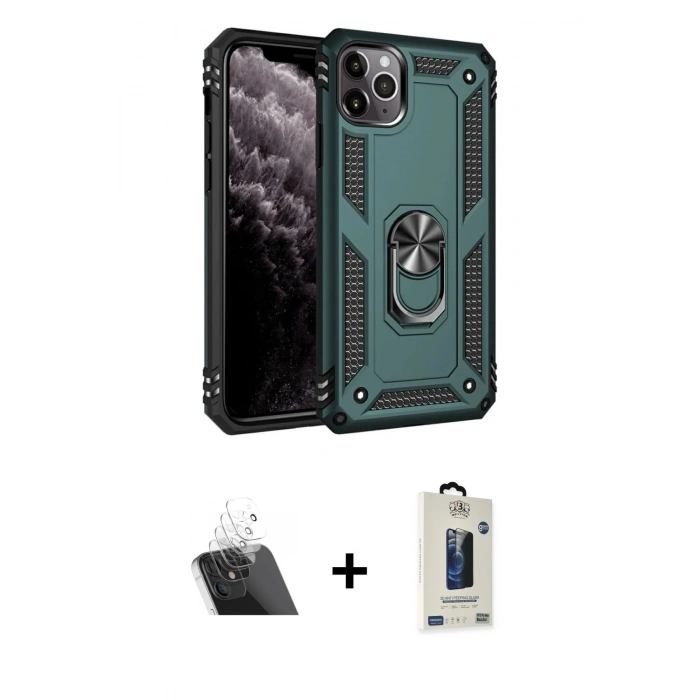 MARSİLYAN™- iPhone 11 Pro Max Kılıf Ahenk Klasik Koleksiyonu - Siyah Bilvis Hayalet Cam Ekran Koruyucu + Kamera Lens Koruma Cam - SF