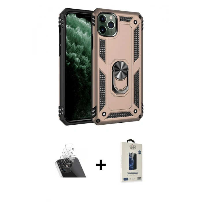 MARSİLYAN™- iPhone 11 Pro Max Kılıf Ahenk Klasik Koleksiyonu - Siyah Bilvis Hayalet Cam Ekran Koruyucu + Kamera Lens Koruma Cam - SF