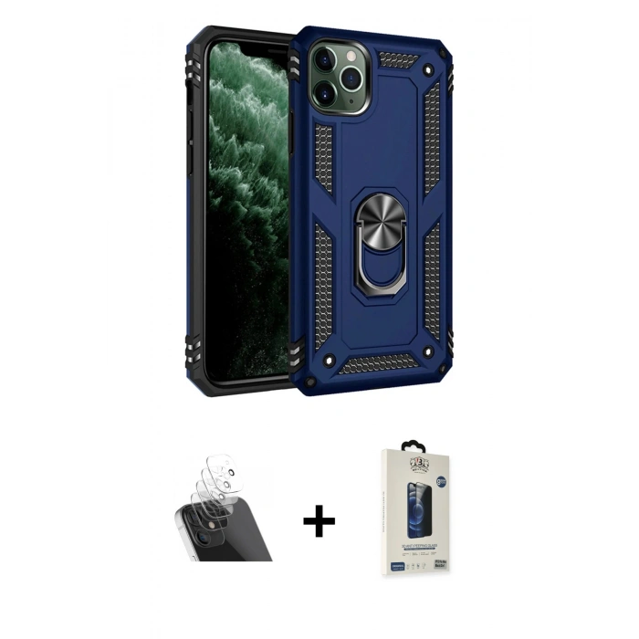 MARSİLYAN™- iPhone 11 Pro Max Kılıf Ahenk Klasik Koleksiyonu - Siyah Bilvis Hayalet Cam Ekran Koruyucu + Kamera Lens Koruma Cam - SF