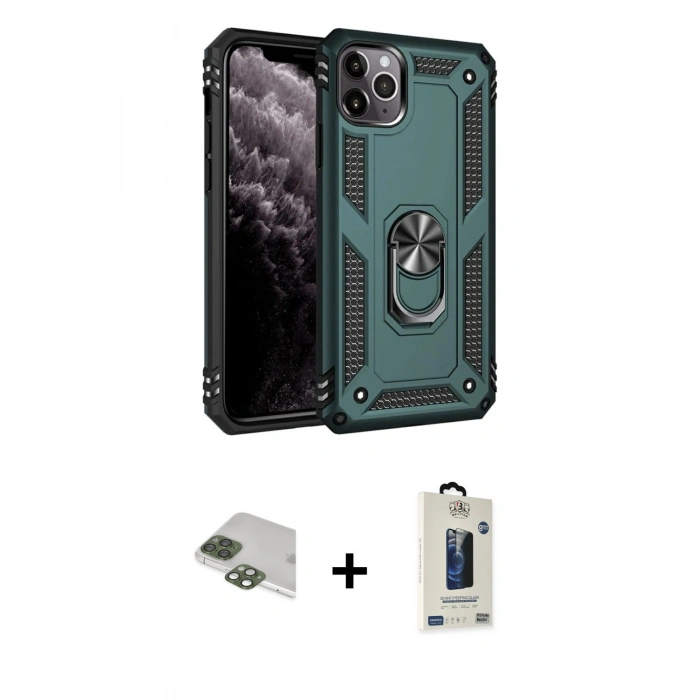 MARSİLYAN™- iPhone 11 Pro Max Kılıf Ahenk Klasik Koleksiyonu - Siyah Bilvis Hayalet Cam Ekran Koruyucu + Pers Alüminyum Kamera Lens - YL