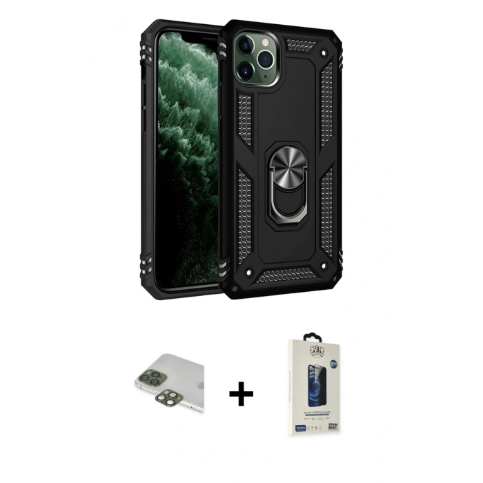 MARSİLYAN™- iPhone 11 Pro Max Kılıf Ahenk Klasik Koleksiyonu - Siyah Bilvis Hayalet Cam Ekran Koruyucu + Pers Alüminyum Kamera Lens - YL