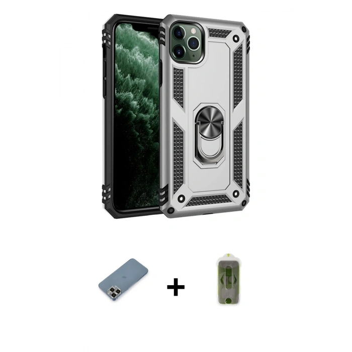 MARSİLYAN™- iPhone 11 Pro Max Kılıf Ahenk Klasik Koleksiyonu - Siyah Joko Magic 5D Hayalet Cam + Gold Metal Kamera Lens Koruma Cam