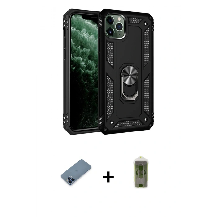 MARSİLYAN™- iPhone 11 Pro Max Kılıf Ahenk Klasik Koleksiyonu - Siyah Joko Magic 5D Hayalet Cam + Metal Kamera Lens Koruma Cam - MI