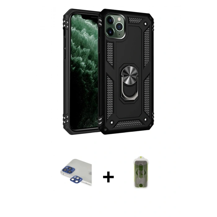 MARSİLYAN™- iPhone 11 Pro Max Kılıf Ahenk Klasik Koleksiyonu - Siyah Joko Magic 5D Hayalet Cam + Pers Alüminyum Kamera Lens - LT