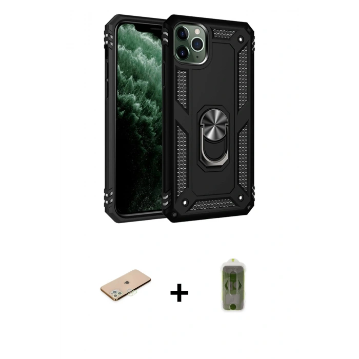 MARSİLYAN™- iPhone 11 Pro Max Kılıf Ahenk Klasik Koleksiyonu - Siyah Joko Magic 5D Hayalet Cam + Renkli Kamera Lens Koruma Cam - YL