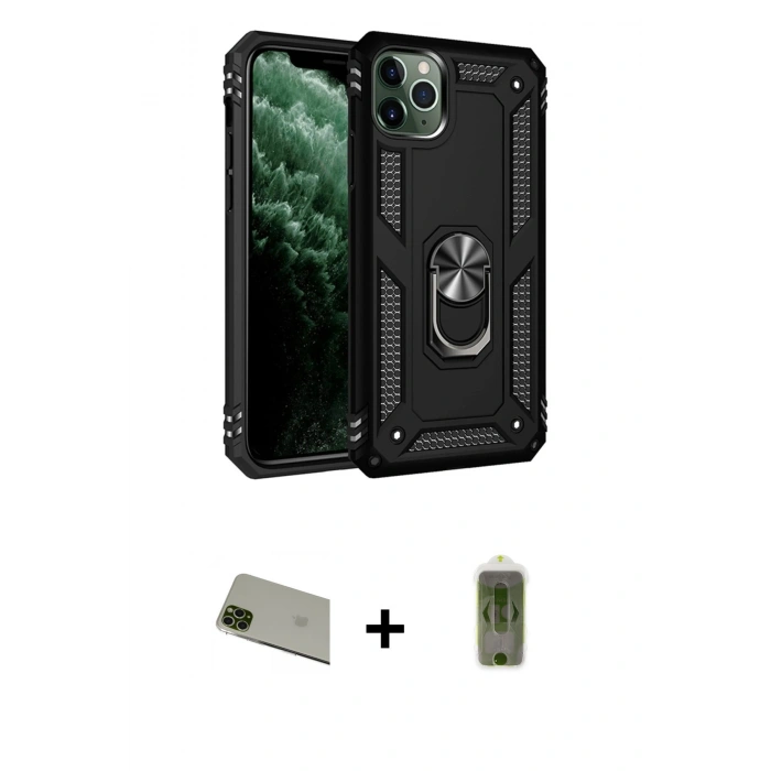 MARSİLYAN™- iPhone 11 Pro Max Kılıf Ahenk Klasik Koleksiyonu - Siyah Joko Magic 5D Hayalet Cam + Rainbow Kamera Lens Koruma Cam - YL