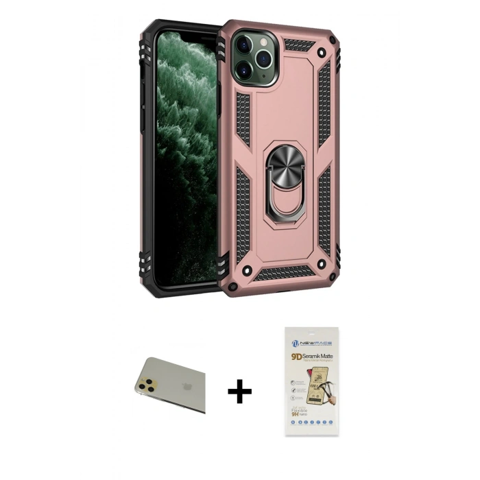 MARSİLYAN™- iPhone 11 Pro Max Kılıf Ahenk Klasik Koleksiyonu - Siyah Mat Seramik Nano Ekran Koruyucu + Gold Rainbow Kamera Lens Koruma Cam