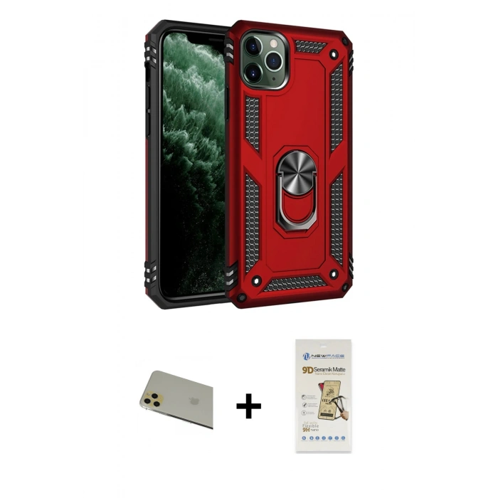 MARSİLYAN™- iPhone 11 Pro Max Kılıf Ahenk Klasik Koleksiyonu - Siyah Mat Seramik Nano Ekran Koruyucu + Gold Rainbow Kamera Lens Koruma Cam