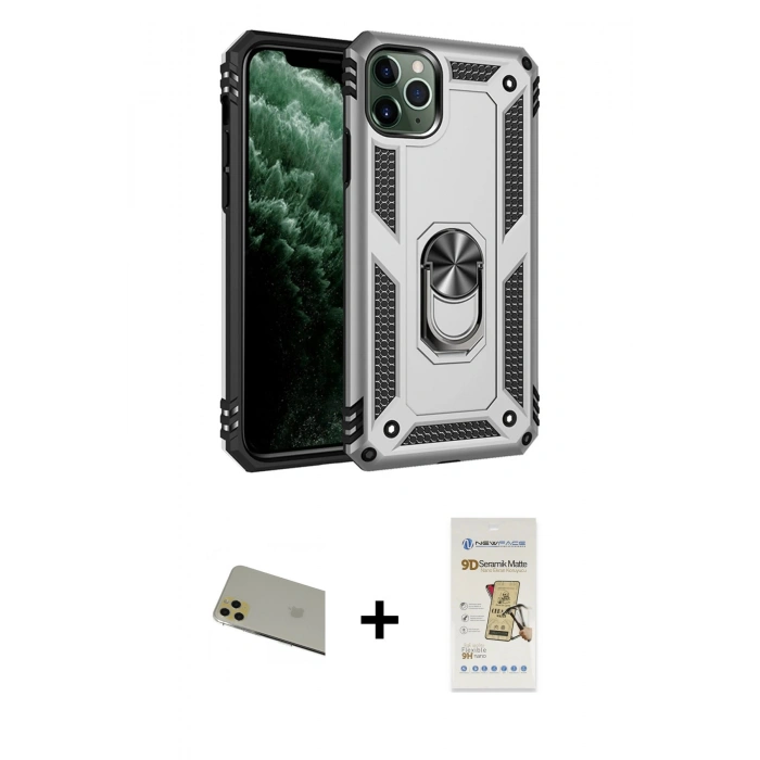 MARSİLYAN™- iPhone 11 Pro Max Kılıf Ahenk Klasik Koleksiyonu - Siyah Mat Seramik Nano Ekran Koruyucu + Gold Rainbow Kamera Lens Koruma Cam