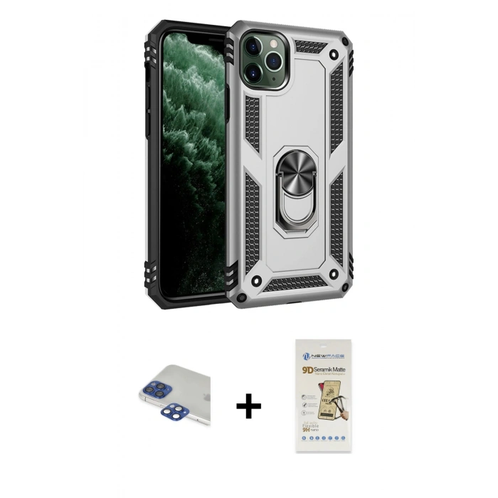 MARSİLYAN™- iPhone 11 Pro Max Kılıf Ahenk Klasik Koleksiyonu - Siyah Mat Seramik Nano Ekran Koruyucu + Pers Alüminyum Kamera Lens - LT