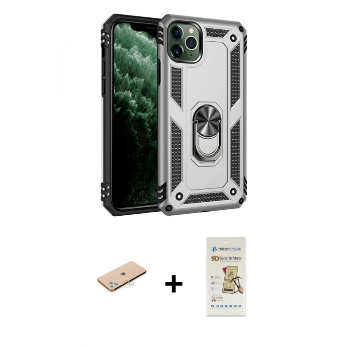 MARSİLYAN™- iPhone 11 Pro Max Kılıf Ahenk Klasik Koleksiyonu - Siyah Mat Seramik Nano Ekran Koruyucu + Renkli Kamera Lens Koruma Cam - MI