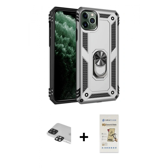 MARSİLYAN™- iPhone 11 Pro Max Kılıf Ahenk Klasik Koleksiyonu - Siyah Mat Seramik Nano Ekran Koruyucu + Pers Alüminyum Kamera Lens - SH