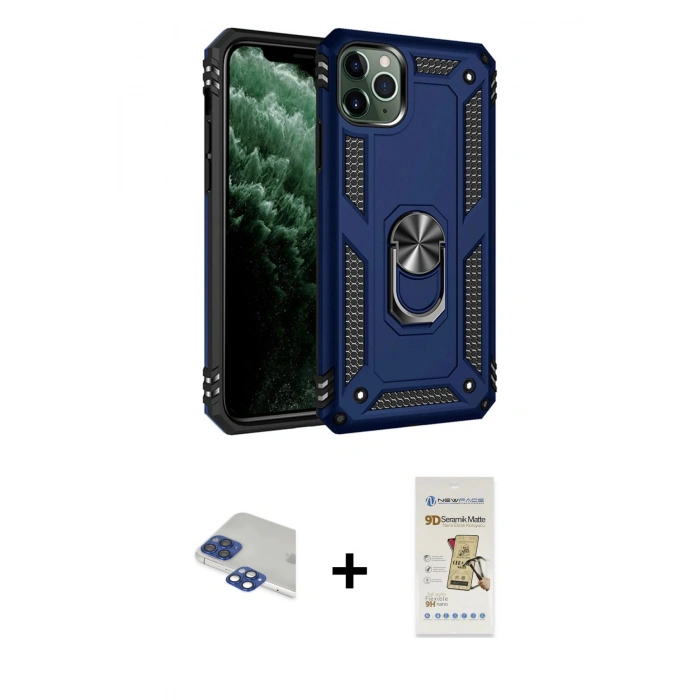 MARSİLYAN™- iPhone 11 Pro Max Kılıf Ahenk Klasik Koleksiyonu - Siyah Mat Seramik Nano Ekran Koruyucu + Pers Alüminyum Kamera Lens - LT