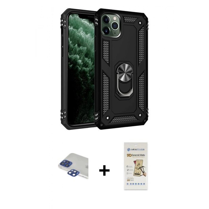 MARSİLYAN™- iPhone 11 Pro Max Kılıf Ahenk Klasik Koleksiyonu - Siyah Mat Seramik Nano Ekran Koruyucu + Pers Alüminyum Kamera Lens - LT